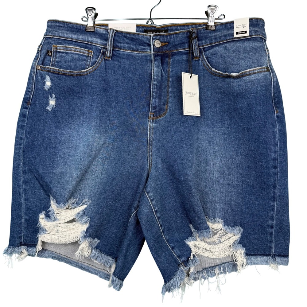Judy Blue Mid Rise Distressed Raw Hem Denim‎ Shorts Blue 3XL JB15280MD Stretch